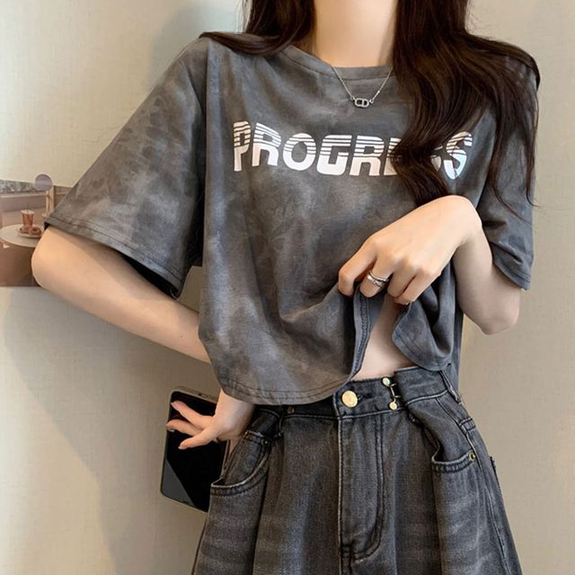 베이직 물나염 반팔 크롭티셔츠 캐주얼룩 밑단 곡선