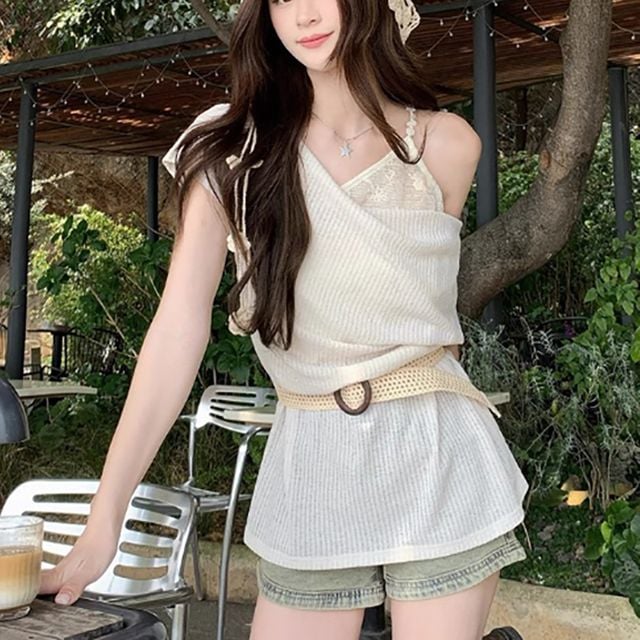 여성 슬림 레이스 나시 오프숄더 벨트 포함 여리 무드 레이어드 니트탑