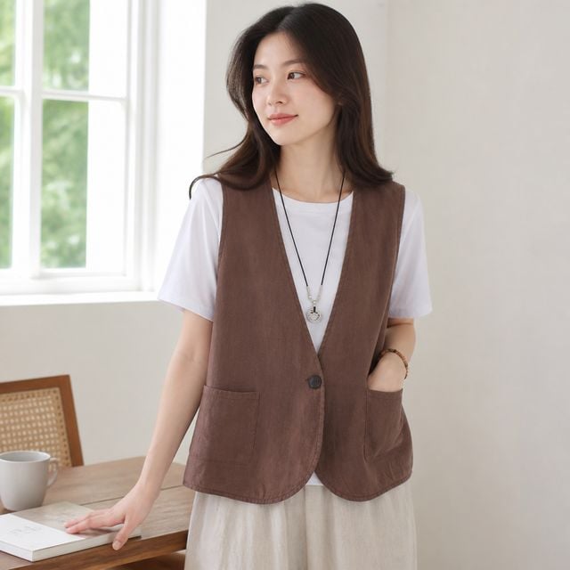 여성 린넨 혼방 조끼 여름 루즈핏 봄 아우터 점퍼 외투 데일리룩 하객룩 - 이미지 1