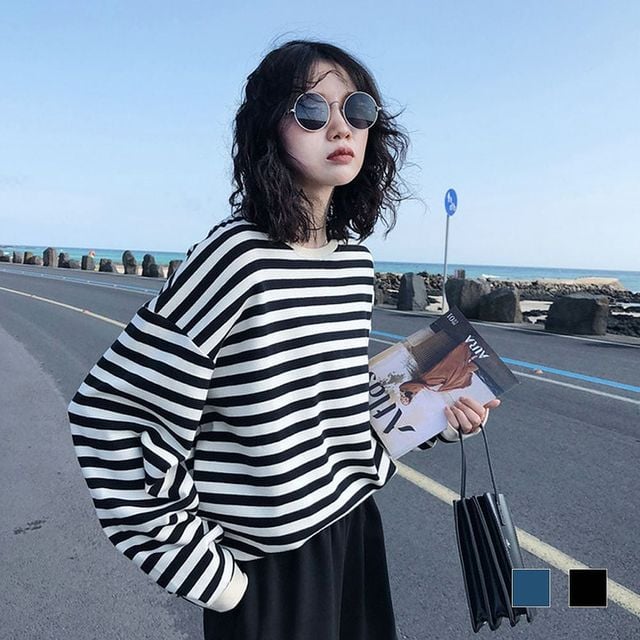 여성 배색 루즈핏 단가라티 긴팔 맨투맨 2색