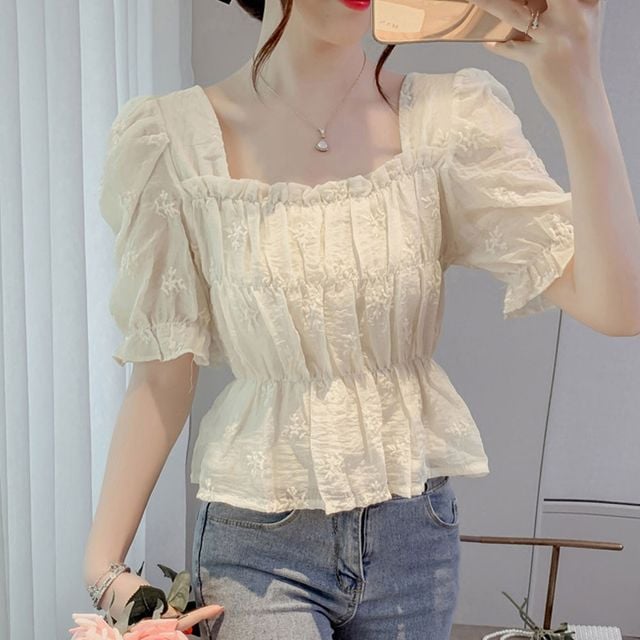 스퀘어넥 플라워 자수 블라우스 쉬폰 크롭 소매밴딩