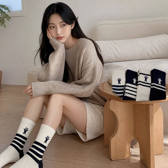 버니 스트라이프 양말 4P 데일리 남녀공용 중목 장목 - 이미지 1