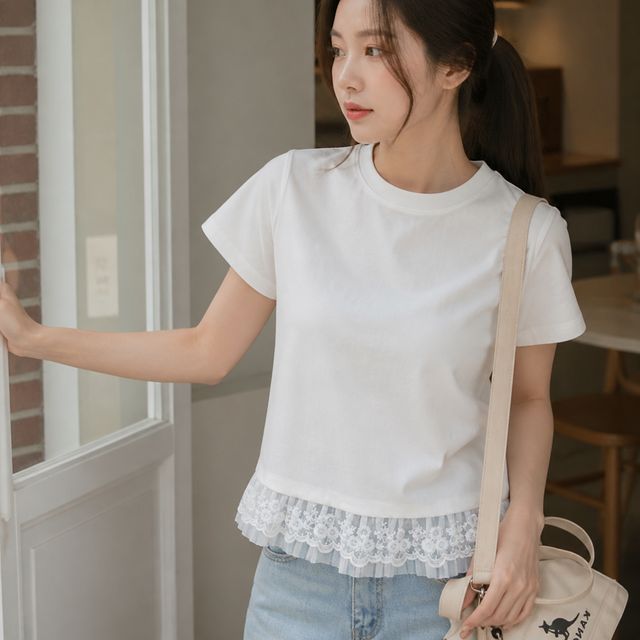여성 상의 유이링 레이스 티셔츠 데일리 반팔 의류 - 이미지 1