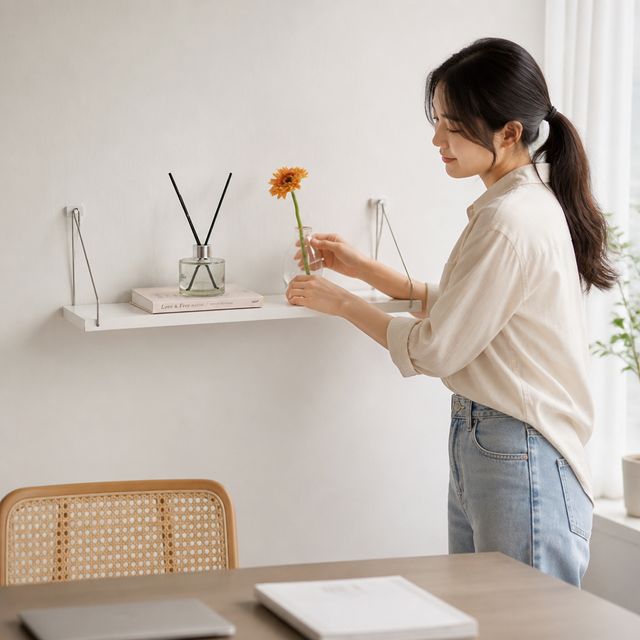 벽면 설치형 미니 선반 거치대 인테리어 수납 가구 무타공 벽걸이 공간 활용 아이템 - 이미지 1