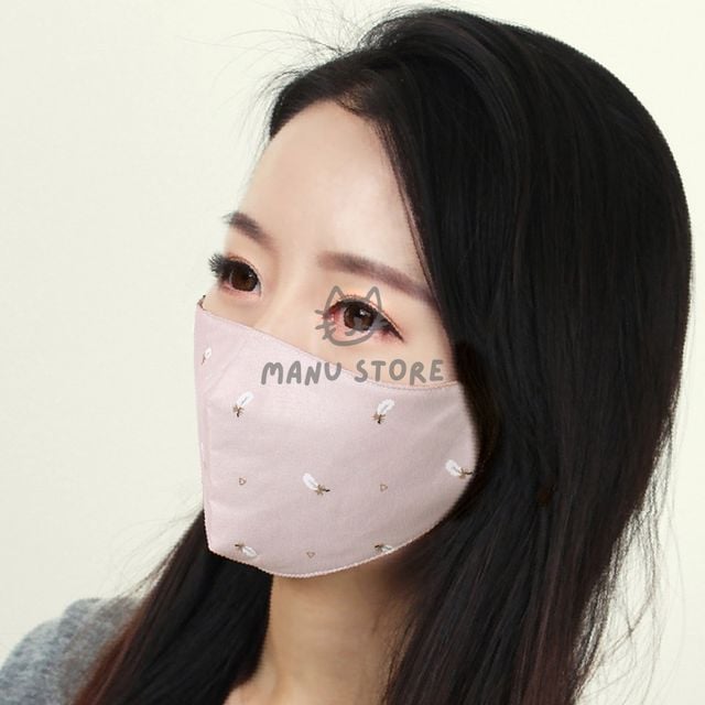 일반마스크 필터마스크 깃털패턴 3겹 필터 면마스크 핑크