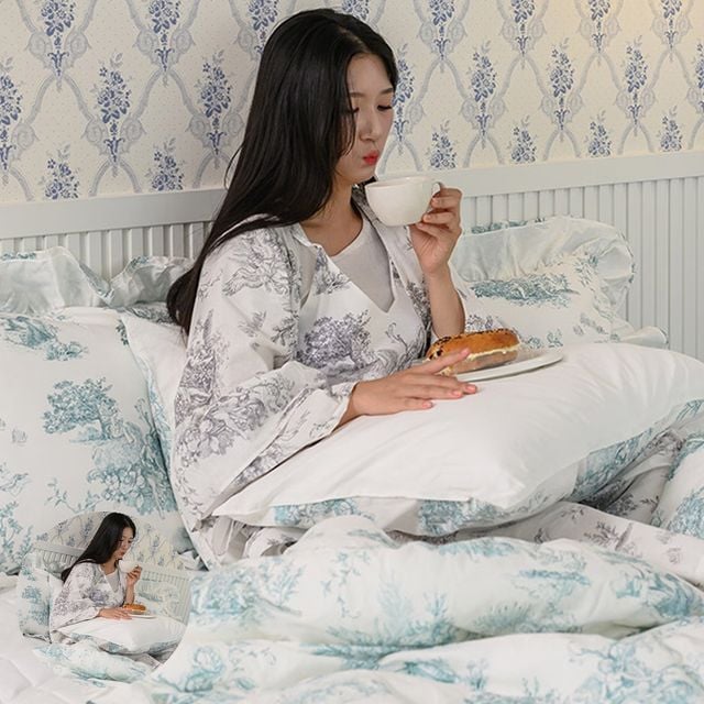 혼수이불 부모님침구세트 이불베개세트 디오레 30수 광목 프릴 차렵이불 베개커버 세트 퀸 Q 민트 베개솜