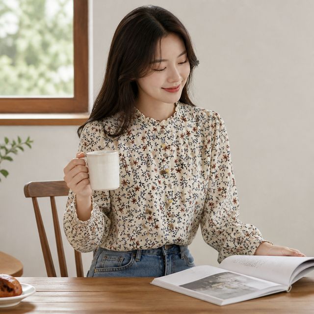 여성 플라워 넥프릴 블라우스 긴팔 셔츠 가을겨울 - 이미지 1