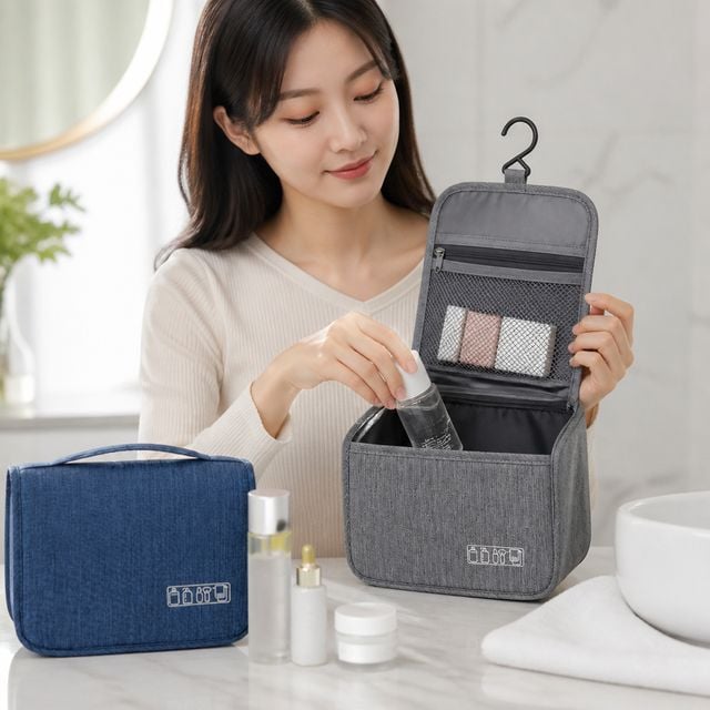 여행용 세면도구 파우치 걸이형 워시백 캠핑 화장품 가방 접이식 후크 고리 - 이미지 1