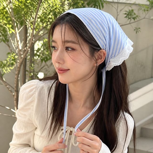 펀칭 레이스 반다나 꽃무늬 스트라이프 두건 보넷 모자 머리 스카프 헤어밴드 - 이미지 1