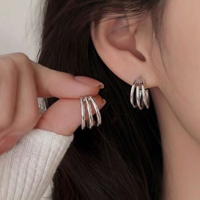3줄 라인 링귀걸이 여성 데일리 원터치 귀걸이 - 이미지 2