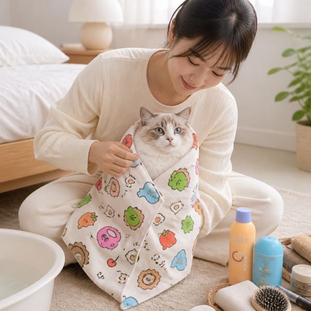 고양이 그루밍랩 반려묘 타월 셀프 점착 파우치 보자기 목욕