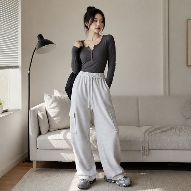 여성 핀턱 카고 팬츠 와이드 트레이닝 바지 가을 데일리 홈웨어 트레이닝복 - 이미지 1