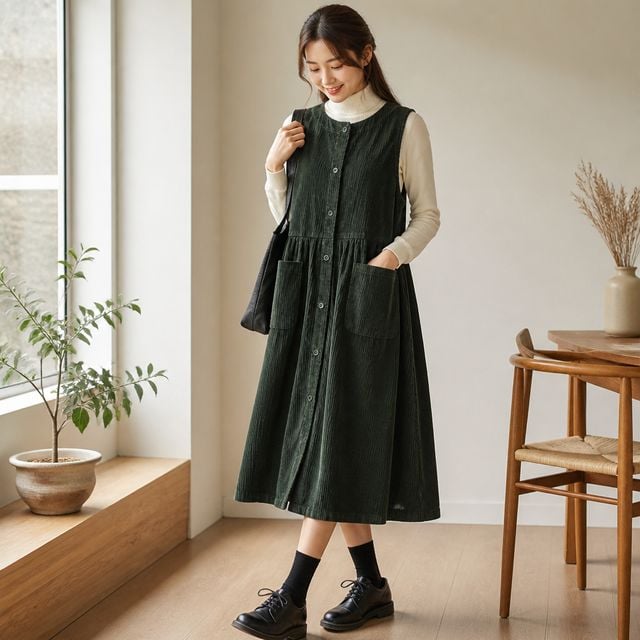 여성 골덴 뷔스티에 롱원피스 코듀로이 레이어드 원피스 가을 겨울 데일리룩 - 이미지 1