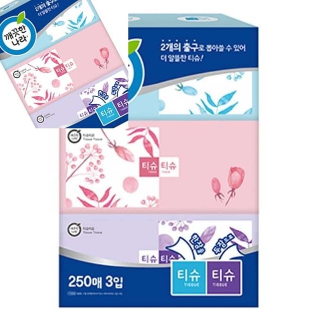 깨끗한나라 티슈티슈 미용티슈 250매x3입 사무실소모품 사무실각티슈 사무실휴지 고급각티슈