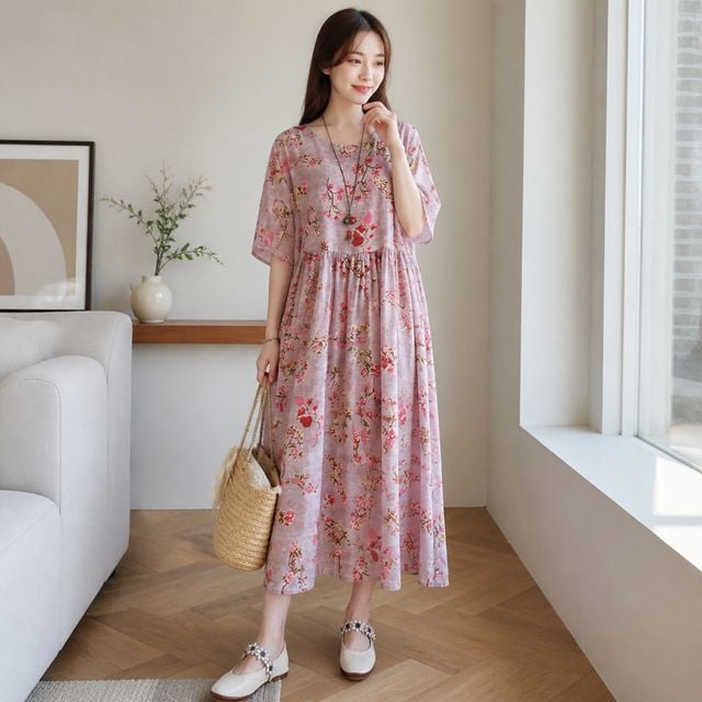 퍼프 반팔 롱원피스 여름 치마 하객룩 데이트룩 루즈핏 혼방 산들바람 정원 원피스 - 이미지 1