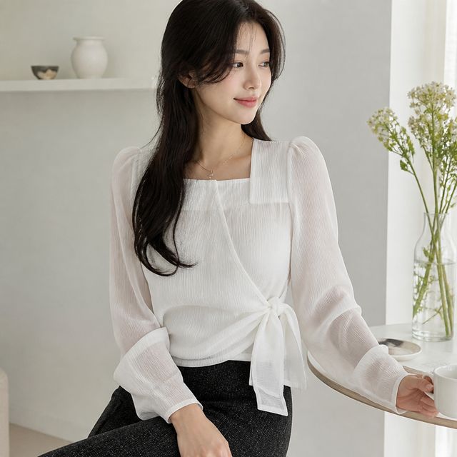 여성 퍼프 스트랩 블라우스 셔츠 상의 셔츠룩 오피스룩