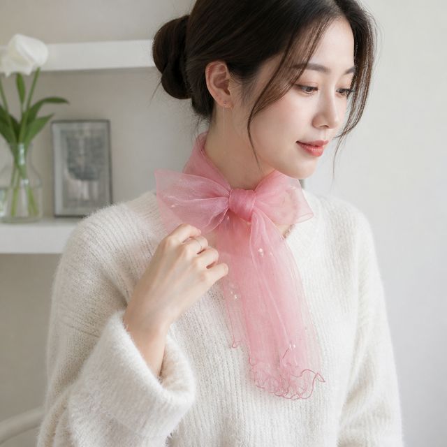 시스루 노방 스카프 진주 포인트 망사 목도리 소품 - 이미지 1