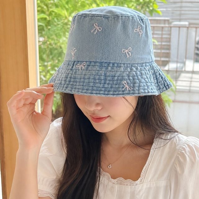 여성 데님 리본 버킷햇 벙거지모자 왕골 밀짚 선캡 나들이 성인용 여름 모자 - 이미지 1