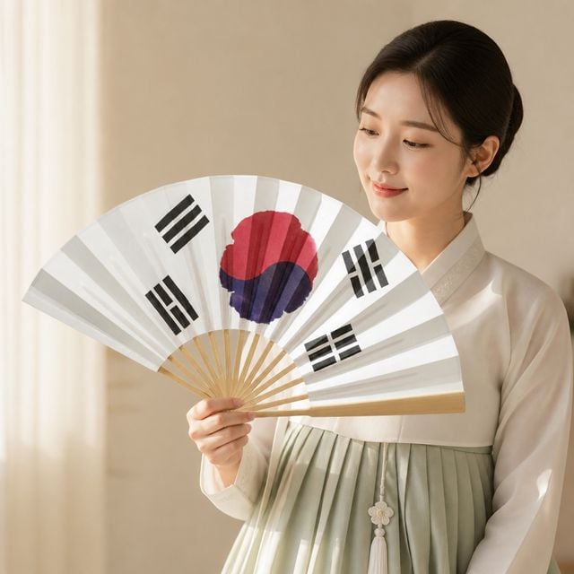 실크 부채 대나무 대형 태극기 무늬 공연 행사용 전통