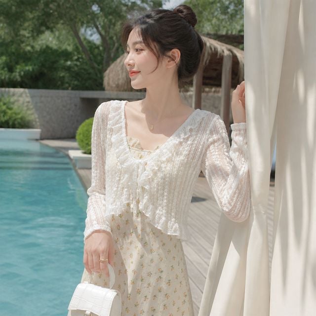 여성 휴가 커버업 망사 가디건 플라워 프릴 크롭 수영복 비치웨어 레이스 아우터 - 이미지 1