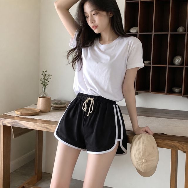 여성 비치 웨어 밴딩 와이드 반바지 엣지 배색 스트링 숏팬츠 여름 팬츠