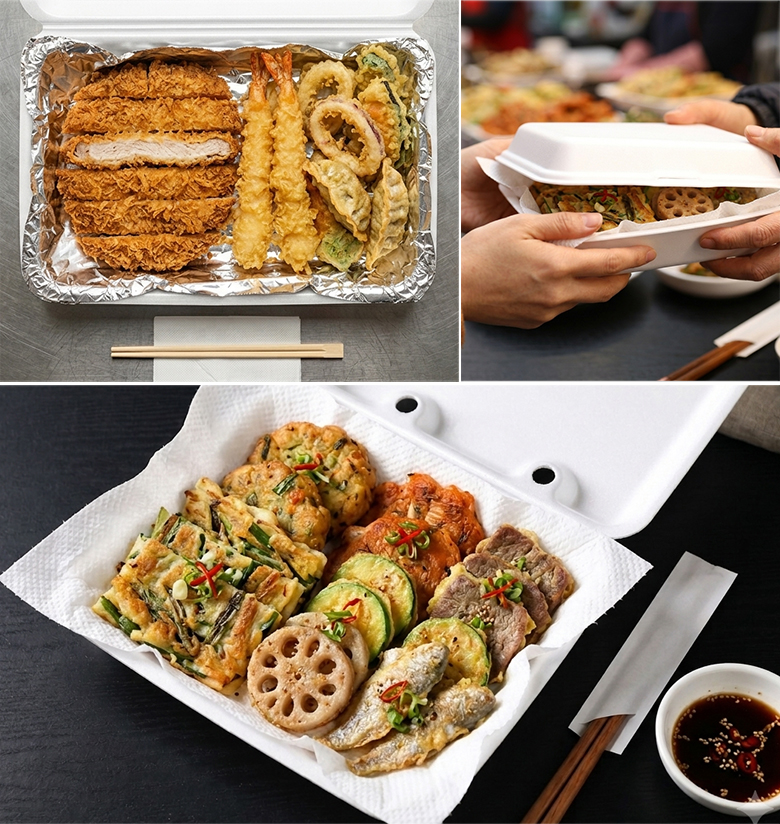 김이 살짝 나는 노릇한 튀김을 담아도 형태가 무너지지 않고 단단하게 받쳐
