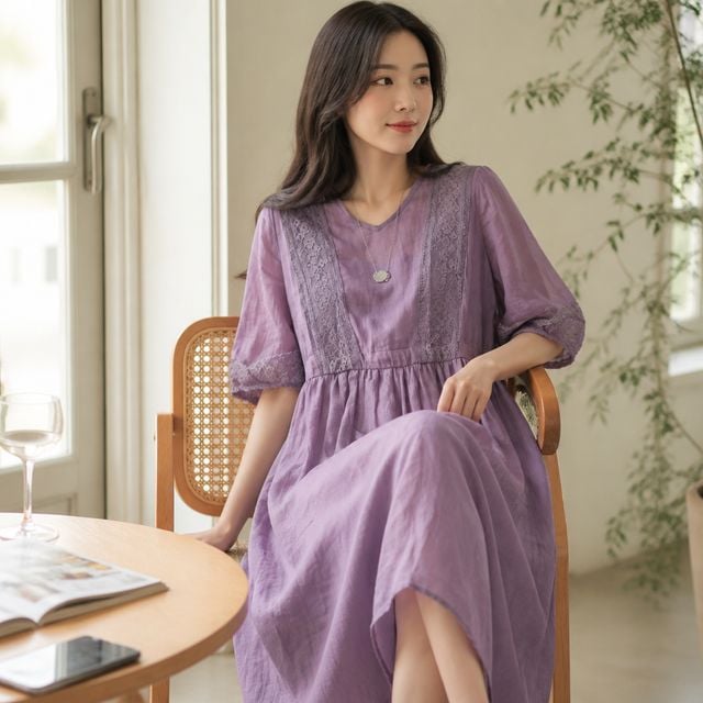 여성 반팔 롱원피스 레이스 배색 하늘색 루즈핏 퍼프 치마 데일리룩 여름 하객룩 - 이미지 1
