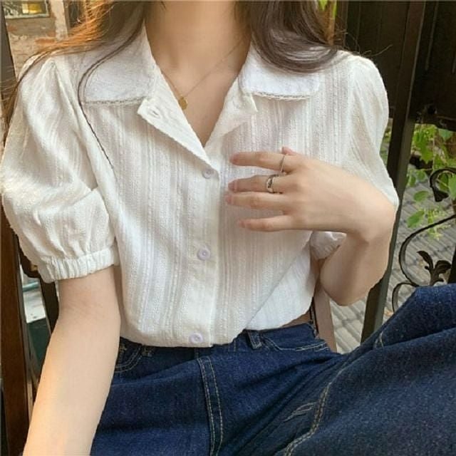 여성 여름 페미닌 퍼프 카라 블라우스 셔츠 청순룩