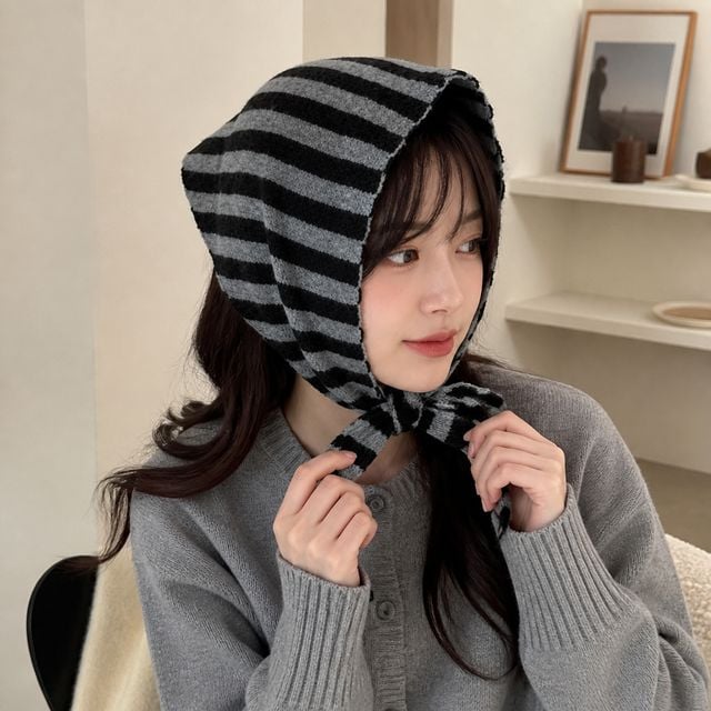 울 니트 스트라이프 스카프 헤어 커치프 반다나 후드 보닛 목도리 방한 잡화