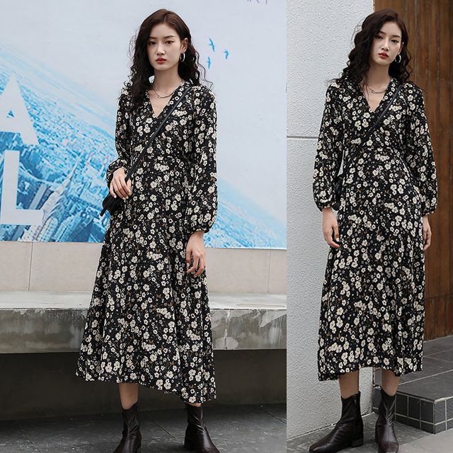플로랄 브이넥 긴팔 봄가을 밴딩 롱원피스 부츠 코디