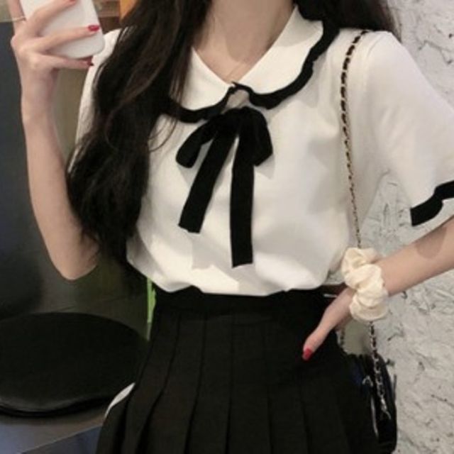 레이스 카라 리본 포인트 반팔 티셔츠 러블리 룩
