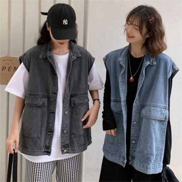 여성 데님 조끼 여성 데님 베스트 빅사이즈 노카라 진조끼 가을 레이어드 루즈핏 기장