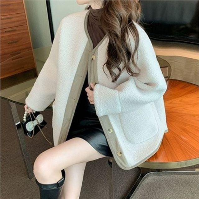 여성 부클 자켓 여성 오버핏 자켓 노카라 루즈핏 데일리 아우터 캐주얼 라운드 뽀글이 배색 점퍼 겨울 양털
