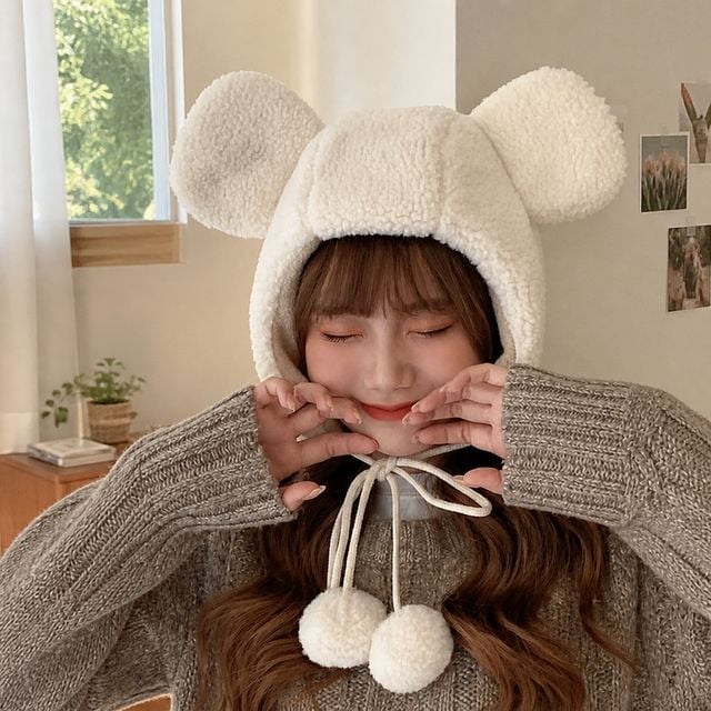 양털 귀도리모자 뽀글이 곰돌이 방한모자 3컬러 끈 방울 모자