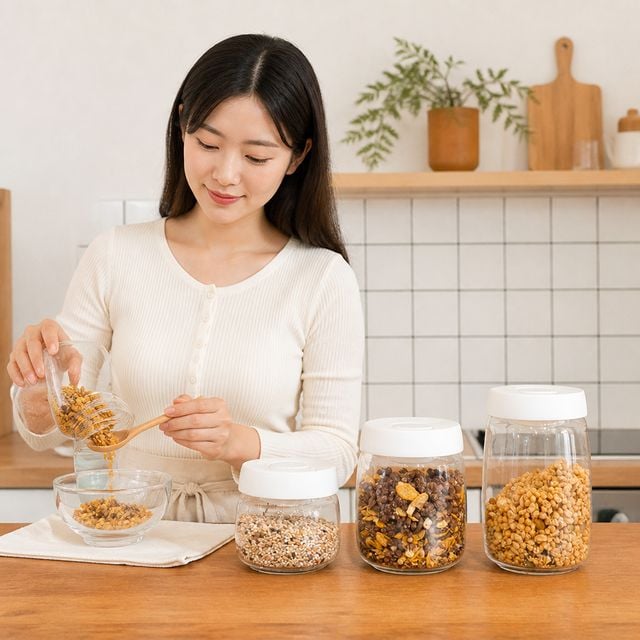 내열유리 원형 밀폐용기 잡곡 조미료 잼 식재료 보관통 주방 정리함 - 이미지 1