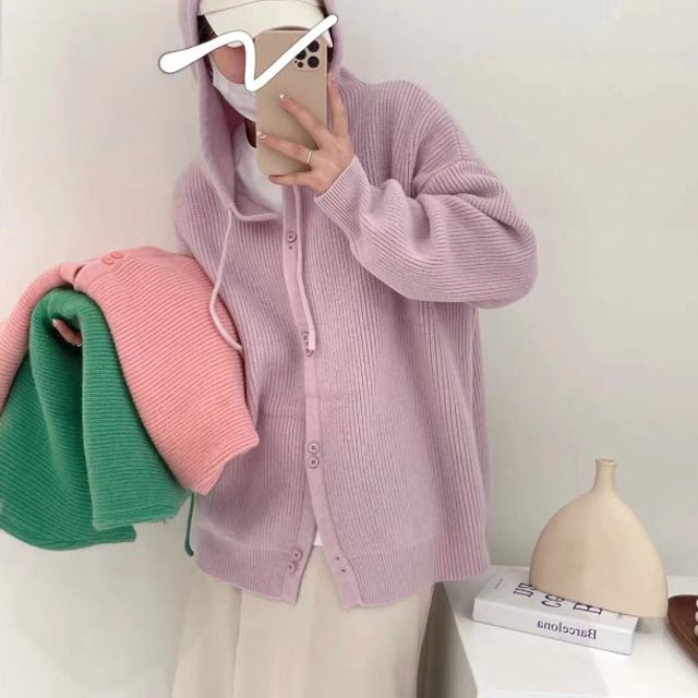 골지 버튼 후드 카디건 파스텔 컬러 니트 아우터 여성 데일리 아이템 - 이미지 4