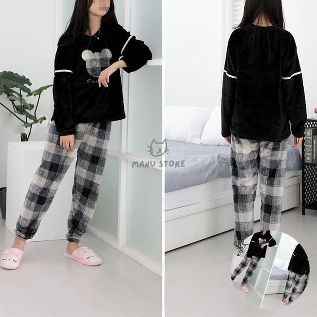 겨울수면바지 여성수면바지 블랙 여성용 극세사 수면잠옷세트
