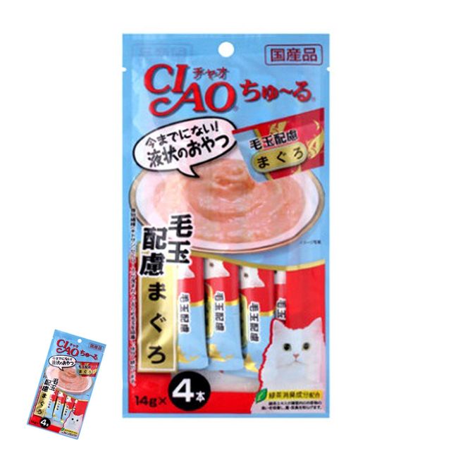 고양이영양간식 고양이먹이 챠오 츄루 헤어볼 참치 14g x 4p 고양이 간식