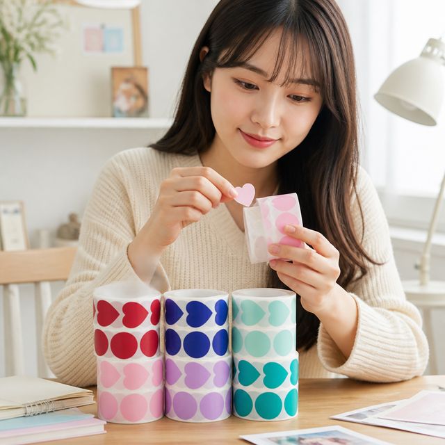 원형 하트 모양 롤 스티커 문구 다꾸용품 - 이미지 1