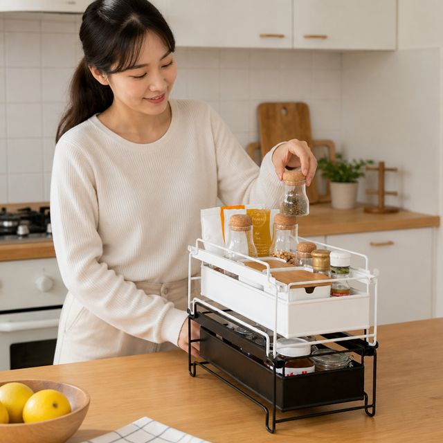 슬라이딩 양념통 선반 적층형 싱크대 조미료 정리대 주방 수납용품