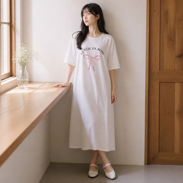 핑크 롱 원피스 물결 리본 디테일 루즈핏 여성 하객룩 하객원피스 - 이미지 1