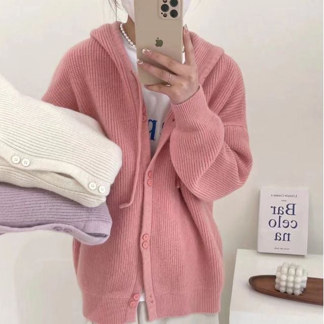 골지 버튼 후드 카디건 파스텔 컬러 니트 아우터 여성 데일리 아이템