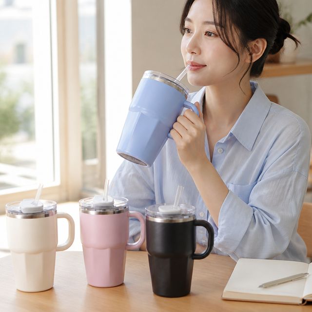 스텐304 빨대컵 600ml 보냉보온 텀블러 사무실 차량용 카페컵 리유저블 - 이미지 1