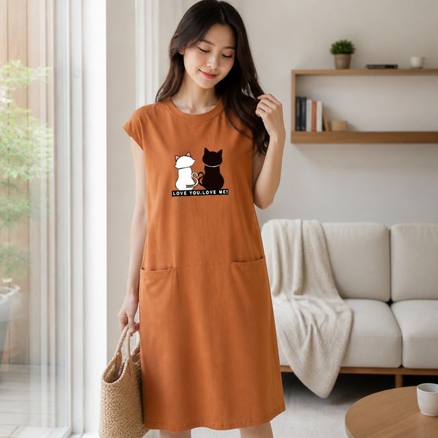 썸머 원피스 롱 기장 면혼방 홈웨어 캡 내장 나시 여성 데일리룩