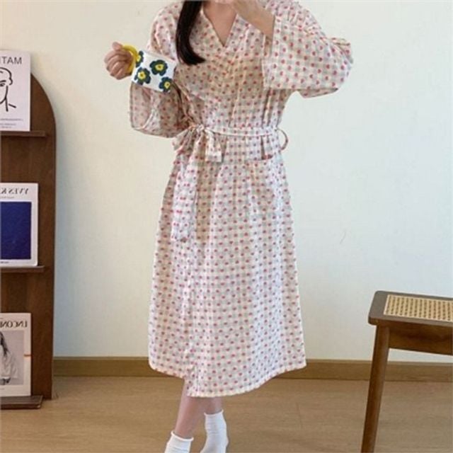 루즈핏 여성 체크 잠옷 가운 원피스 여성 하트 패턴 가운