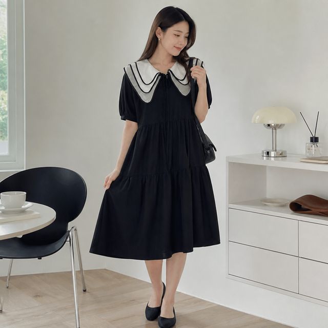 셔링 스타일 빅카라 여성 원피스 하객룩 데일리룩 롱원피스 - 이미지 1