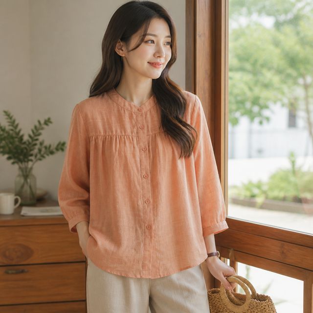 여성 데일리 린넨 혼방 블라우스 셔츠 여름 퍼프 상의 봄 가을 오피스룩 - 이미지 1