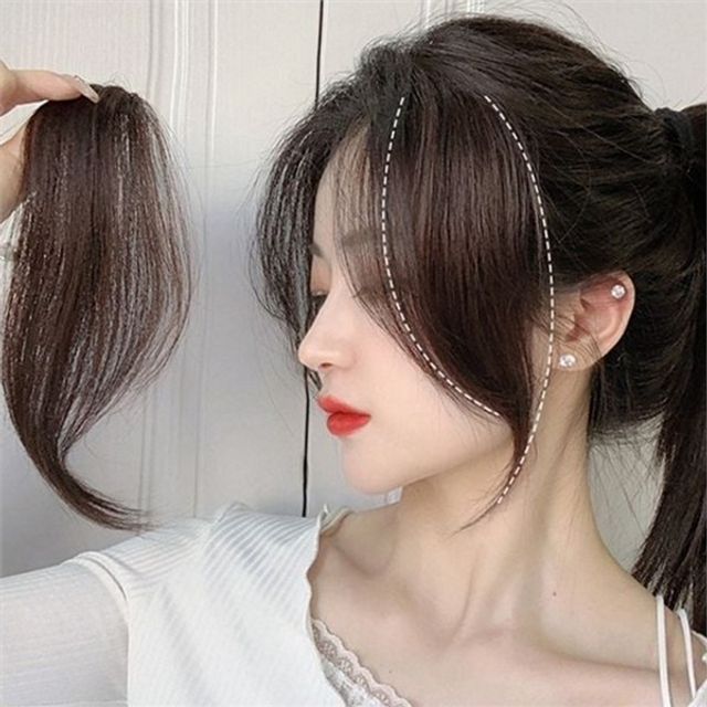 여성 인모 부분 가발 여성 앞머리 부분 가발 사이드 시스루 스트레이트 붙임머리 커버 자연 클립