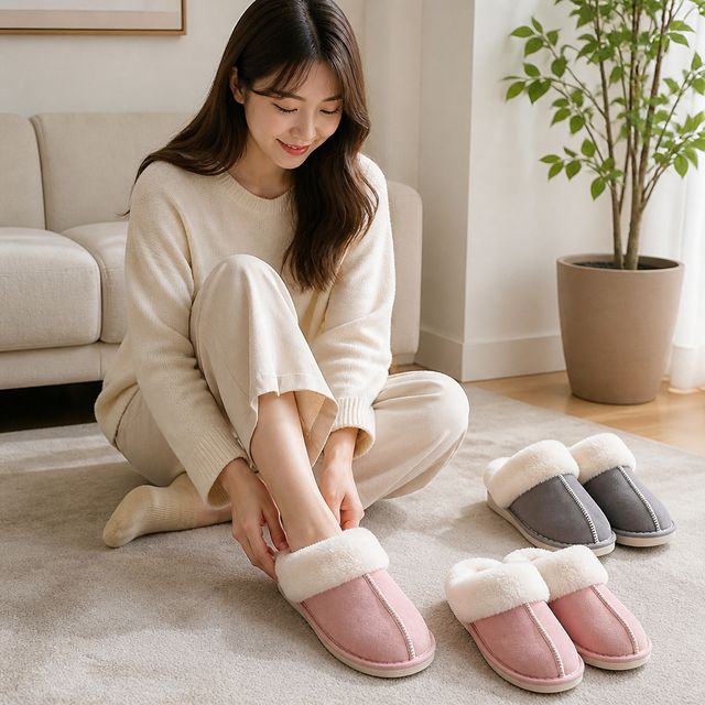 스웨이드 털실내화 퍼 슬리퍼 겨울 거실화 층간소음 미끄럼방지 양털 보온 방한화 - 이미지 1