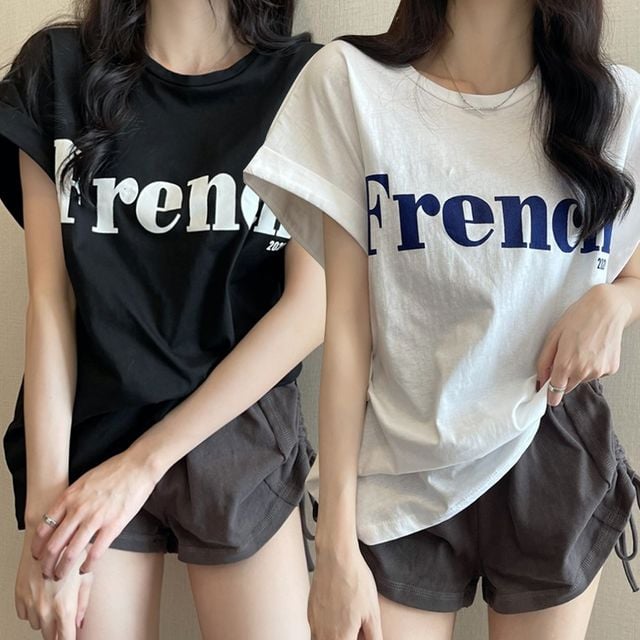 여성 기본 라운드 레터링 롤업 소매 패션 반팔 티셔츠